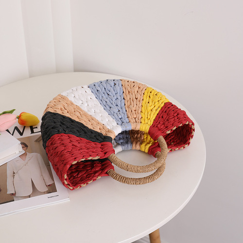 Half-moon rainbow hand-held grass bag woven bag new color clash hand-held grass-woven bag Bali vacation beach bag for women