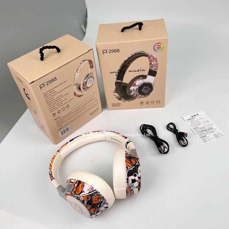 P2988 Explosive Graffiti Wireless Bluetooth Headset RGB Light Effect Full Ear Call Game Headset Cross Border