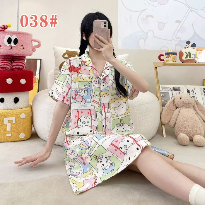 Pijama de verano de manga corta cardigan con solapa impresión de dibujos animados nubes de algodón dulce suelto medio largo vestido transfronterizo