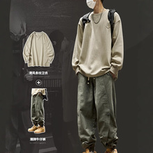 2025秋男装港风简约宽松卫衣搭配潮牌工装裤男士休闲运动两件套