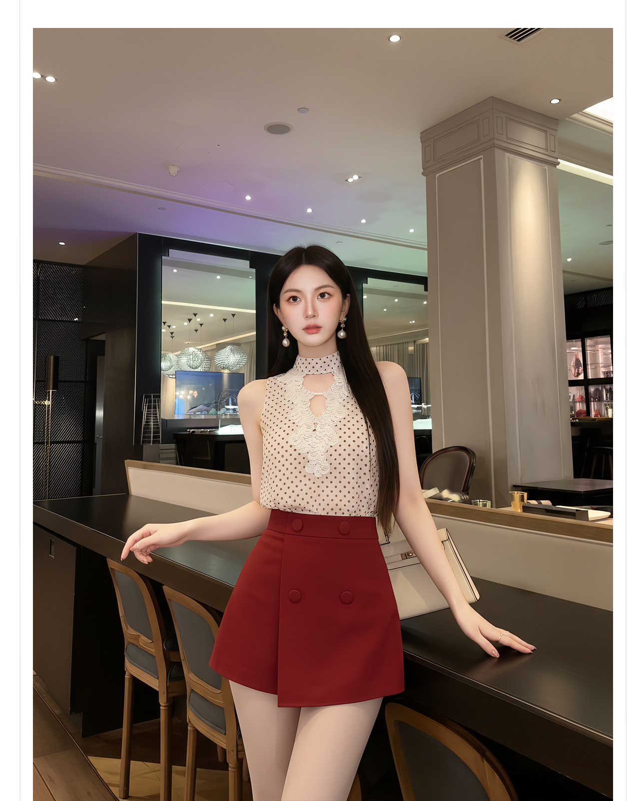 Bộ áo vest và chân váy ngắn họa tiết chấm bi phong cách tân cổ điển mùa hè — Trang phục [Vest+Half Dress], nửa váy, Trang phục [Áo vest+quần short], quần đùi chi tiết 5