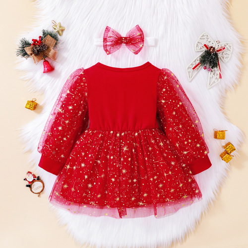 European and American girls hit Christmas English bronzing letter print mesh bubble sleeve dress