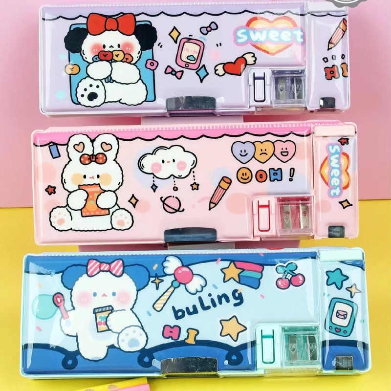 クリエイティブ多機能文房具ケース小学生大容量鉛筆収納ケース子供二重プラスチック漫画鉛筆ケース|undefined