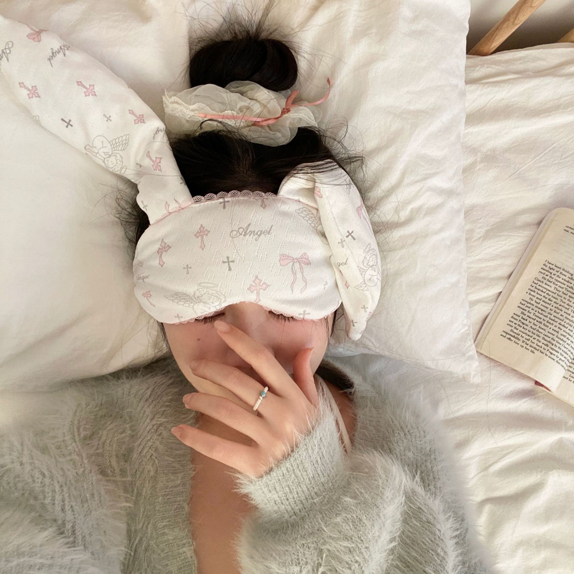 Impresión de ojos de orejas de conejo de encaje pastoral visor de viento viaje almuerzo dormir sombra aliviar la fatiga ocular artefacto mágico