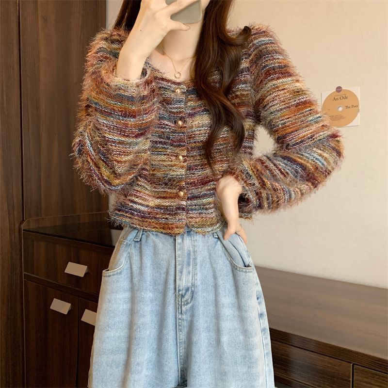 复古条纹方领毛毛软糯毛衣开衫外套女秋冬宽松慵懒风短款针织上衣