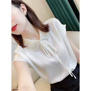 缎面衬衫女士装夏季2026年新款白色雪纺上衣漂亮别致小衫短袖衬衫