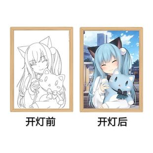 Second-dimensional animation decorative lighting painting Ji cat feather surrounding bedroom bedside dormitory living room luminous picture frame photo frame