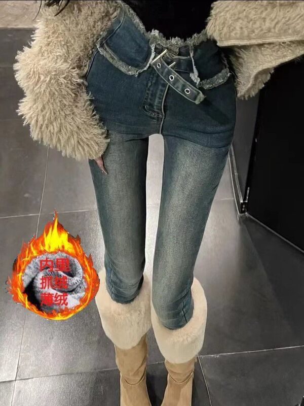 Vintage Stylish High-Waisted Women's Jeans for Autumn and Winter, Fleece-Lined, Slim Fit, Stretchy, Flattering, Fashionable Pencil Skinny Bootcut Pants Vintage Stylish High-Waisted Women's Jeans for Autumn and Winter, Fleece-Lined, Slim Fit, Stretchy, Flattering, Fashionable Pencil Skinny Bootcut Pants