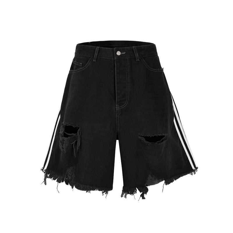 American High Street Style Skater Distressed Fringed Three-Stripe Denim Shorts for Men, Trendy Brand Vintage Five-Point Pants