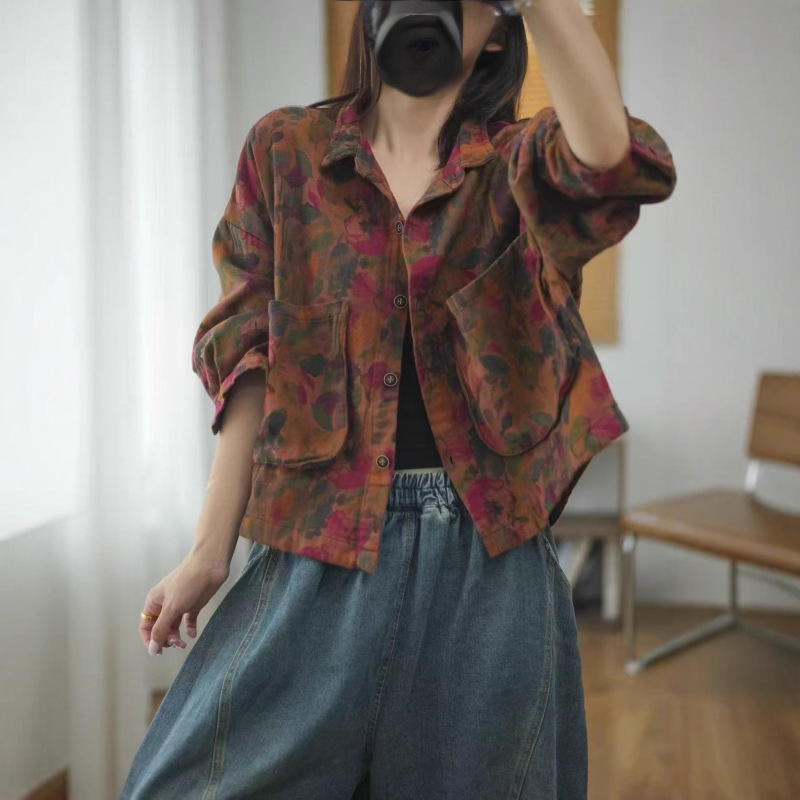 2025秋韩版宽松复古双纱印花立体口袋翻领外套百搭休闲上衣女8331|undefined