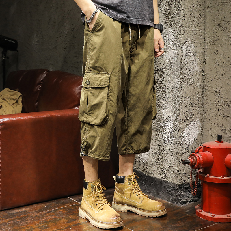 American Style Trendy Brand Ice Silk Thin Workwear Capri Pants Men's Summer Loose Straight Shorts Multi-Pocket breeches for Men