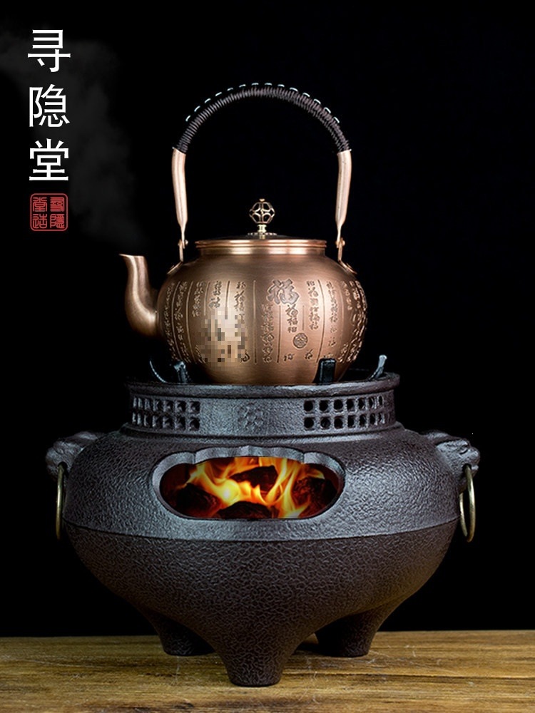 手工紫铜烧水壶加厚红铜煮茶壶家用铸铁鬼面风炉茶室炭炉煮茶