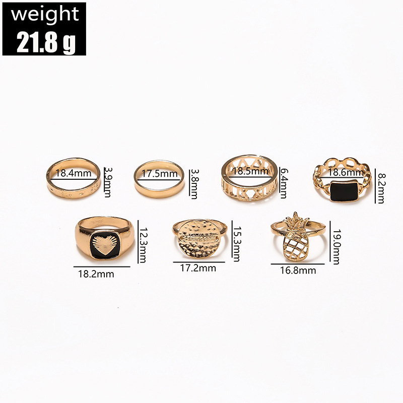 Cross-border New Ring Set Trend Love Dripping Oil Hollow Pineapple Ring 7-piece Combination Ring display picture 1
