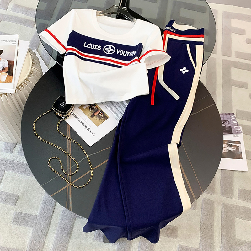 Fried Street Casual Sportswear suit Women's Summer 2024 New Korean Fashionable Fashionable Slimming Wide-leg Pants Two-piece Set Fried Street Casual Sportswear suit Women's Summer 2024 New Korean Fashionable Fashionable Slimming Wide-leg Pants Two-piece Set