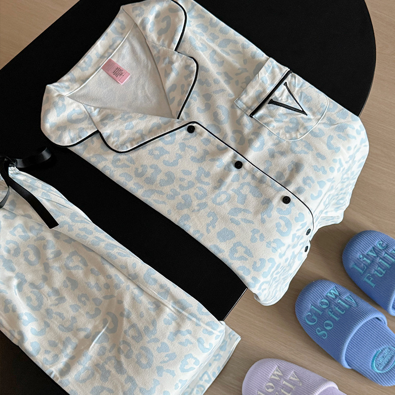 小众设计轻奢家居服轻舒绒轻舒绒蓝豹纹长袖长裤睡衣套装|undefined