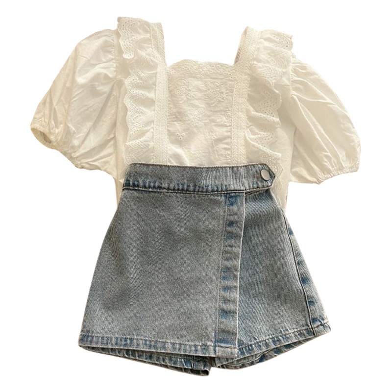 6512 verano nuevas chicas de estilo coreano de moda de dos piezas de encaje de manga corta y pantalones vaqueros de dos piezas conjunto traje