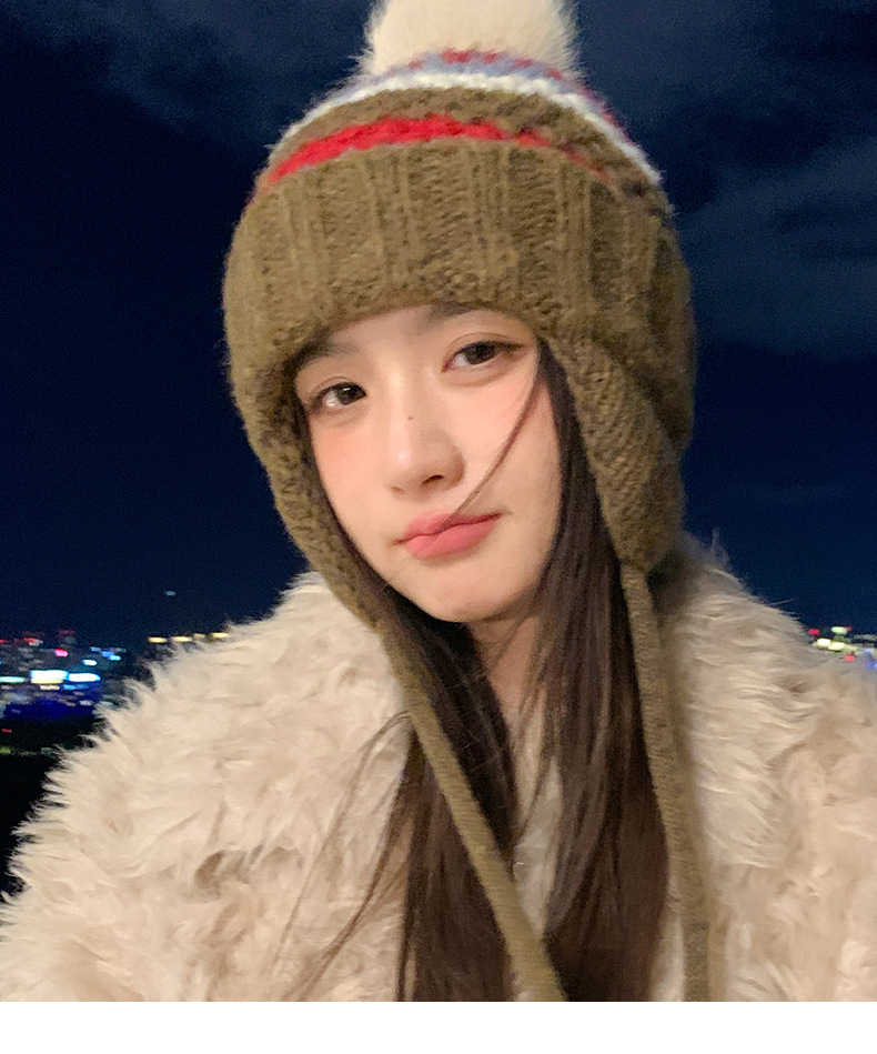 New Retro Fair Isle Style Warm Thickened Fleece-Lined Winter Knitted Hat, Cold-Proof Ear Protection, Tie-Up Wool Hat_voghion.com
