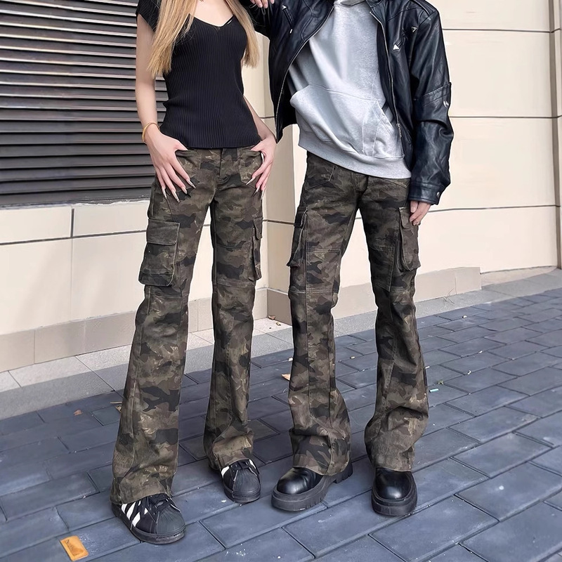 Spliced Logging Camouflage Crowns Pants Men's Spring and Autumn Multi-Pocket Vibe Pants American Style Retro Straight Micro-Flared Pants