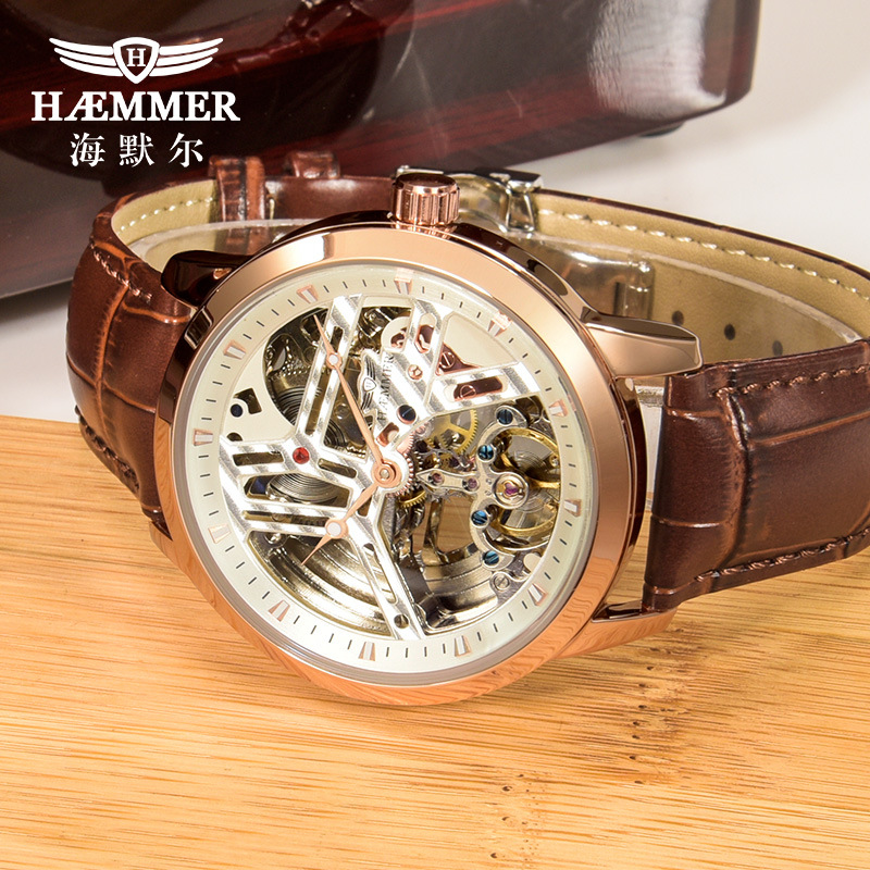 Đồng hồ nam HAEMMER automatic lộ máy chống nước — Vỏ Hồng vòng trắng da cà phê, Vỏ Hồng vòng đen da đen