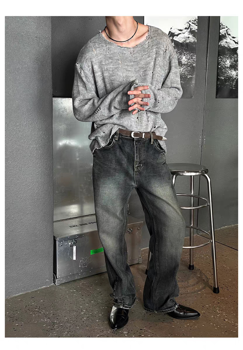 Herrenbekleidung: Herren-Strickpullover im Used-Look mit Spitzenbesatz und übergroßem Kragen – Trendiger Langarmpullover für Streetwear und Lagenlook_voghion.com