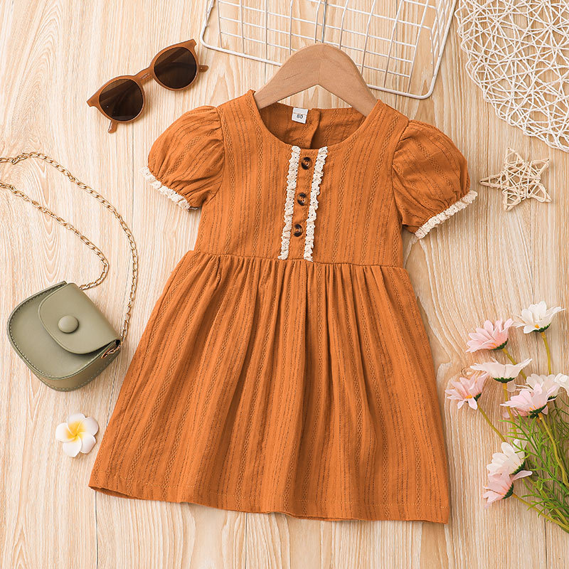 New Summer Short-sleeved Dress Casual Little Girl Sweet Solid Color A-line Skirt display picture 1