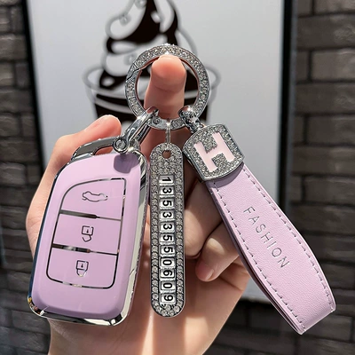 EV shell buckle E30/A30 — Car key bag - fengshen-type-a-smart-3-key-single-shell-purple-purple-h-leather-rope-diamond-buckle-silver-number-plate