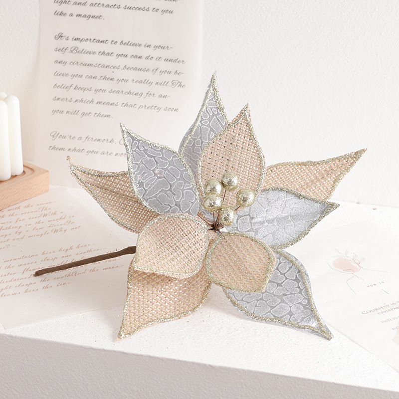 Madera de alta calidad árbol de Navidad flor falsa tela de lino hecha a mano flores de Navidad coronas de flores de boda decoración de caña