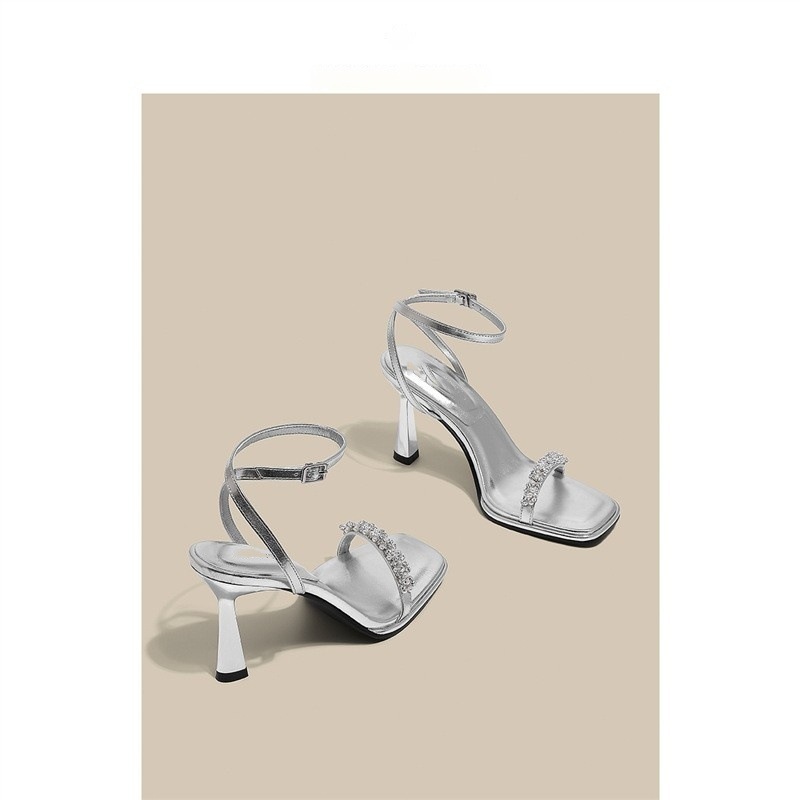 Korean Style Versatile Silver High Heels for Women with Thin Heels and Pearl Temperament Square Toe Stiletto Open Toe Sandals for Women
