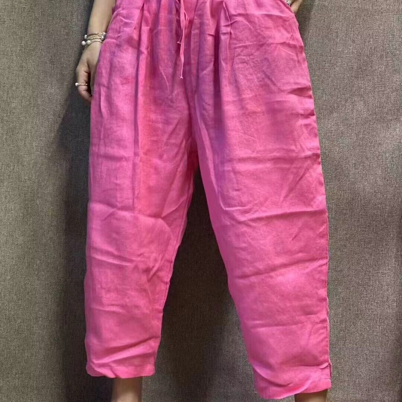 2025 Summer New Linen Harem Pants Nine-Point Pants Casual Pants Literary Retro