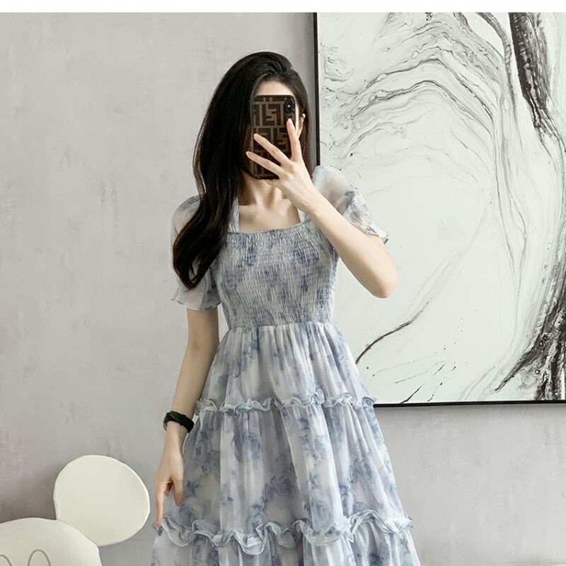 Tea-Colored Floral Dress for Women, Summer 2025 New French Style Waist-Cinching Long Dress, Ethereal and Super Fairy-Like Tea-Colored Floral Dress for Women, Summer 2025 New French Style Waist-Cinching Long Dress, Ethereal and Super Fairy-Like