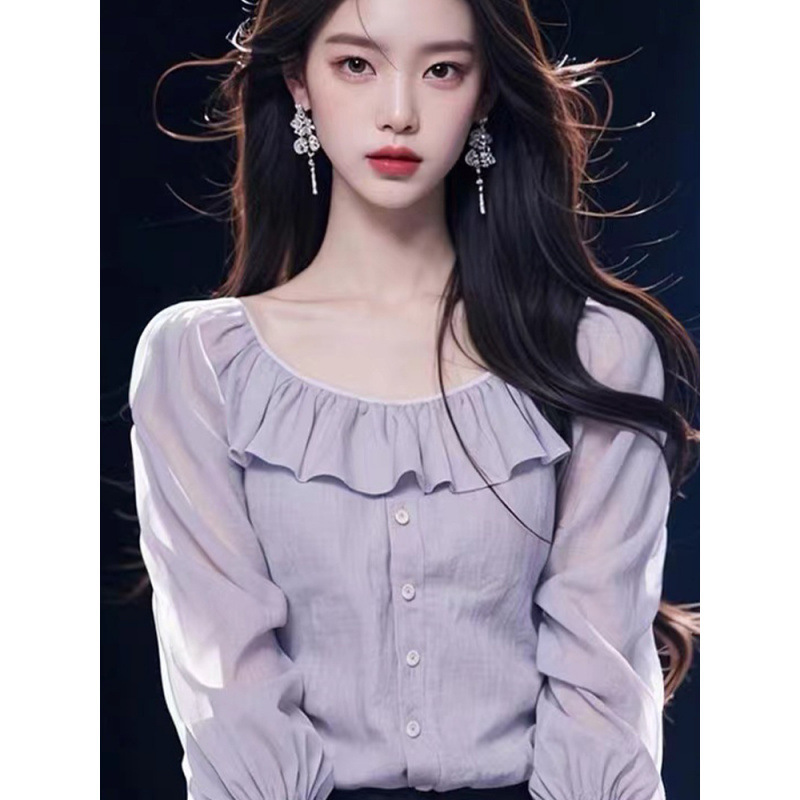 2025年秋の新作婦人服韓国系紫シフォンシャツ気質ハスの葉の縁の高級感七分袖上着|undefined