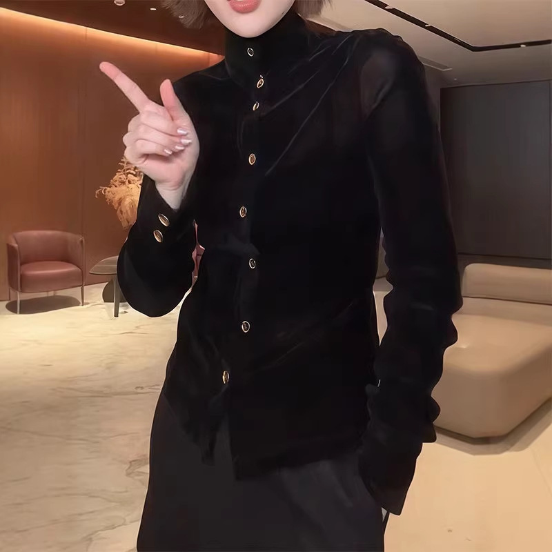 Designer-Inspired Light Luxury Velvet Shirt for Women, Early Spring 2026 New Style, Stylish Inner Wear with Small Gold Buttons, Long-Sleeve Top