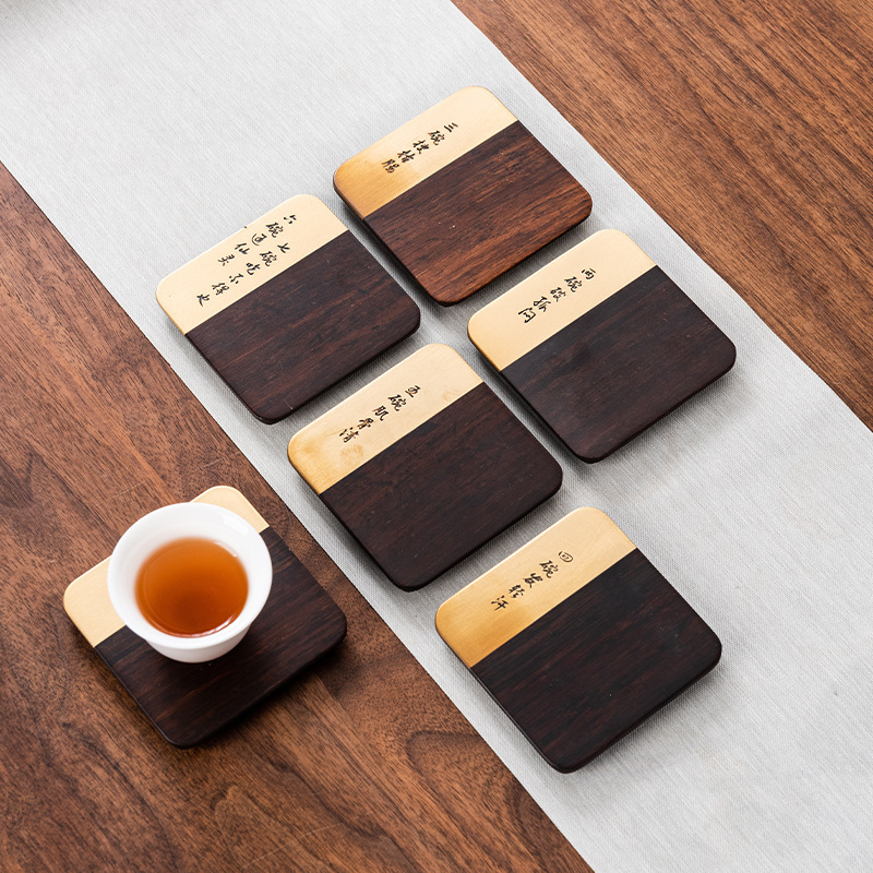 Ébano montaña ligera de lujo de cobre de madera combinado almohadilla de aislamiento de kung fu juego de té titular de la taza de té del hogar accesorios del juego de té al por mayor Negro