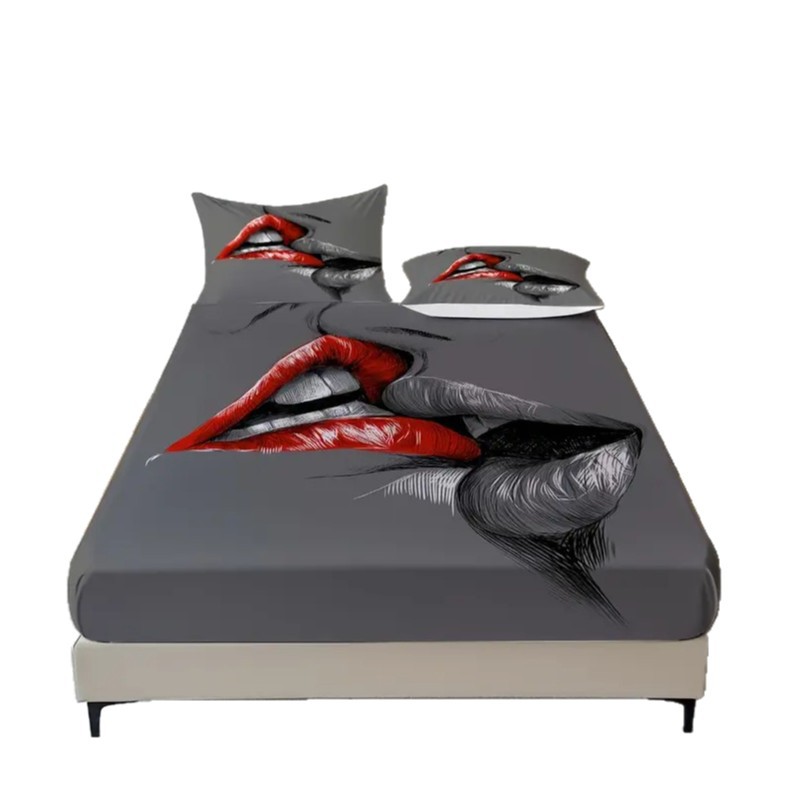 TEMU / JIT transfronterizo sexy rojo y negro labios de impresión digital HD cama gaza almohada kit fuente fabricante