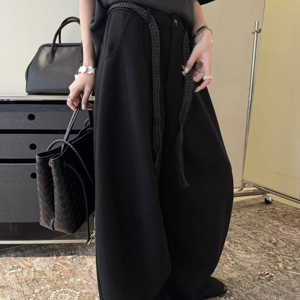 灰色毛呢西装阔腿裤女2025秋季新款高腰直筒拖地弯刀休闲裤女|undefined