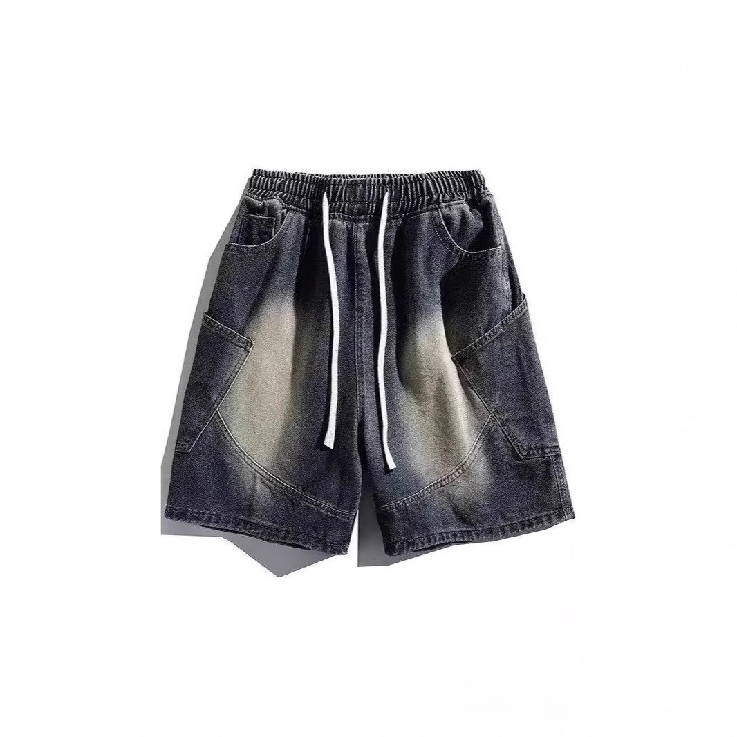 American Retro Denim Cargo Shorts for Men, Summer Loose Straight Wide-Leg Casual Elastic Waist Multi-Pocket Knee-Length Shorts