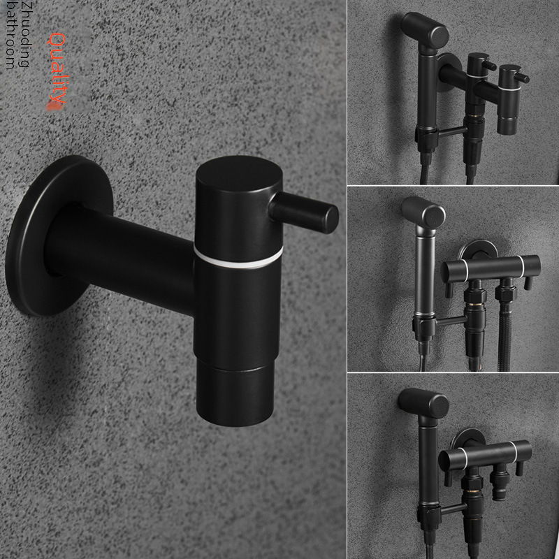 Stainless steel washing machine faucet with extended spout, black, for mop basin, toilet brush basin, bathroom, 4-inch, 6 pairs, double opening faucet