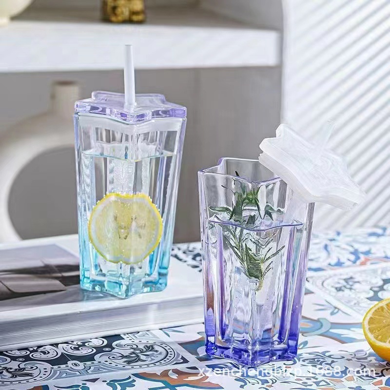 Vasos de paja al por mayor, vasos de vidrio con forma de estrella de cinco puntas, vasos degradados de colores, vasos para bebidas frías con tapas, tazas de café, regalos para mujeres