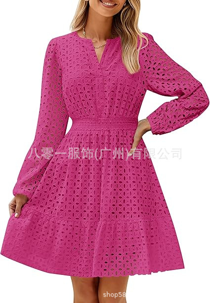 2024欧米の外国貿易クロスボーダー婦人服アマゾンの起爆vネックの透かし彫りの穴の刺繍綿の長袖のワンピース|undefined