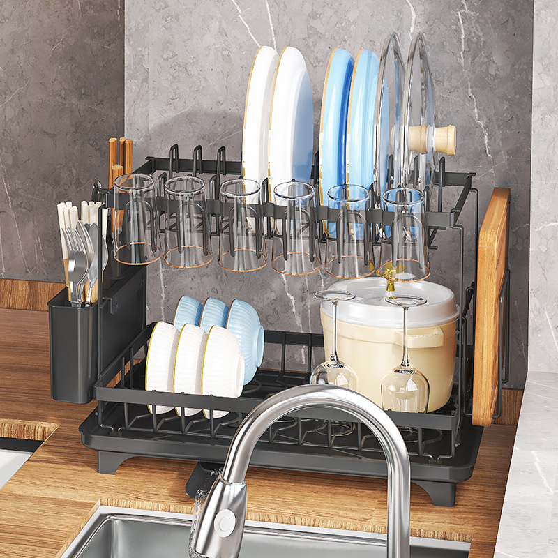 Estante de almacenamiento de drenaje de cocina Taza multifuncional de doble capa de platos de almacenamiento de palillos cuchillos y tenedores de filtro de agua platos de platos de platos