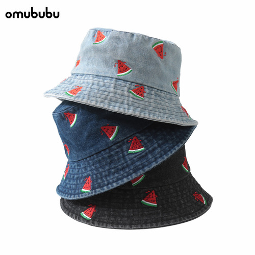Watermelon Embroidered Denim Fisherman Hat for Men Wide Brim Sunshade Fashion Versatile Face-Smaller Fisherman Hat for Women Sun Protection Hat
