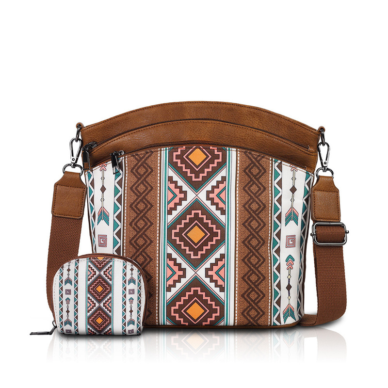 Cross-Border Bohemian Ethnic Style Two-Piece Crossbody Bag Canvas Zipper Half-Moon Bag Large Capacity Commuter Shoulder Bag