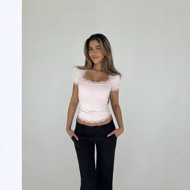 2026 Spring/Summer European and American Cross-Border Sexy Spicy Girl Short-Sleeve Ribbed Lace Top Fashion U-Neck Women's Clothing