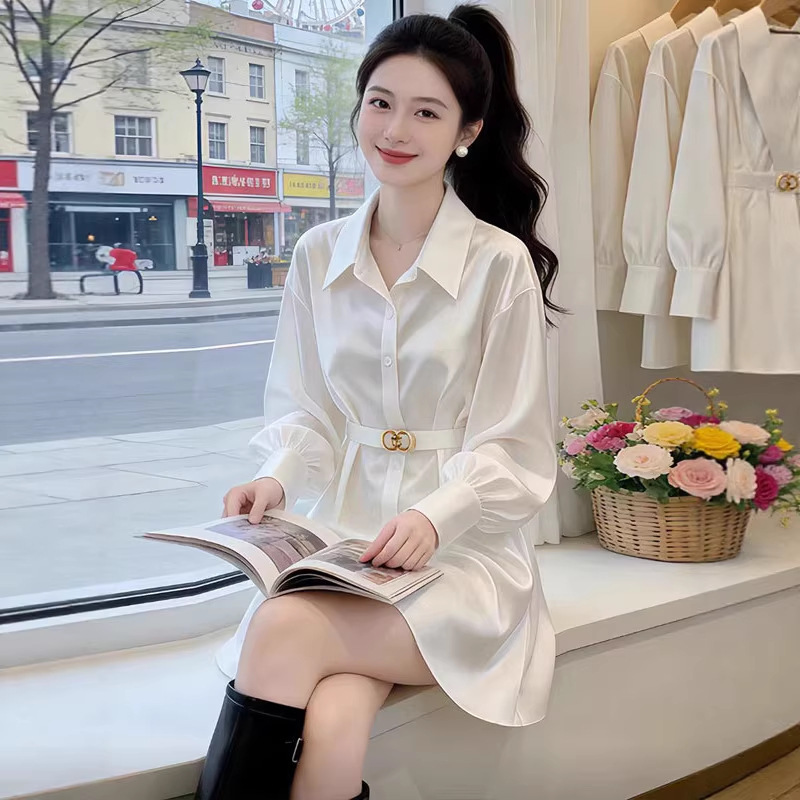 French-Style Elegant Waist-Cinching Short Skirt, High-End Fashion, Youthful and Stylish, Age-Reducing Mid-Length White Long-Sleeved Shirt Dress for Women, Korean Style French-Style Elegant Waist-Cinching Short Skirt, High-End Fashion, Youthful and Stylish, Age-Reducing Mid-Length White Long-Sleeved Shirt Dress for Women, Korean Style