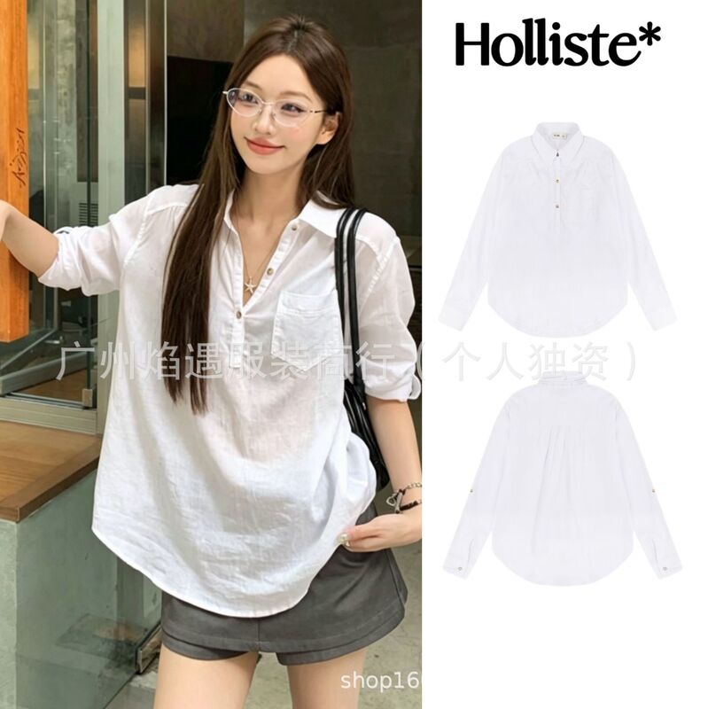 In-Stock Korean Holliste* Little Seagull Old Money Style Vintage Classic Embroidered Three-Button Embroidered Long-Sleeve Shirt