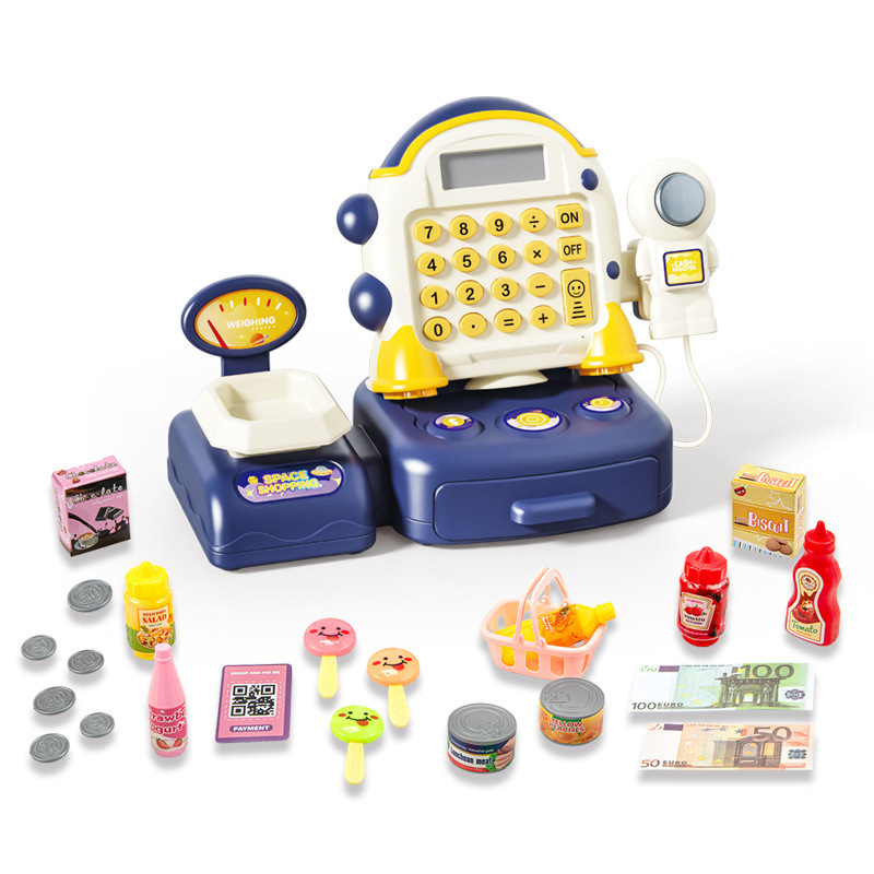 Simulación transfronteriza de niños supermercado de compras de escaneo de cálculo caja registradora juego de caja registradora de astronautas caseros juguetes