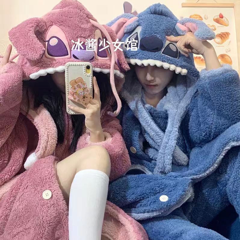 史迪仔情侣睡衣女秋冬季加厚加绒可爱珊瑚绒睡袍法兰绒男士家居服