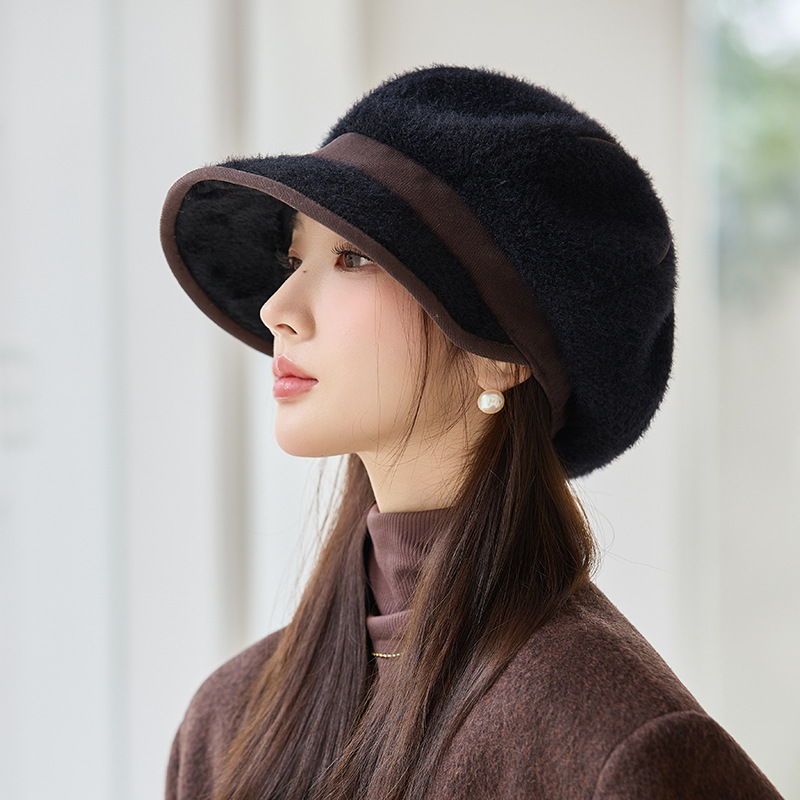 百搭毛绒加厚八角帽子女秋冬新款户外防风保暖贝雷帽大头围鸭舌帽|undefined