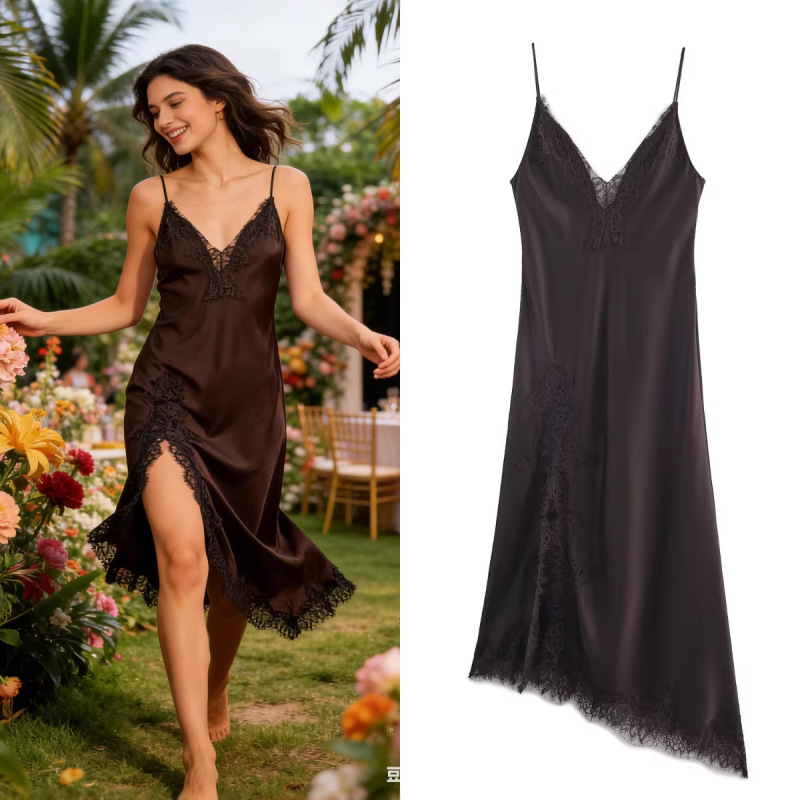 Z Brand Foreign Trade Cross-Border Ready-Stock European and American Style Women's Clothing 2026 Spring New Lace Silk Satin Texture Dress