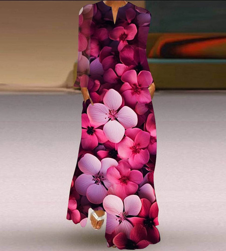 2024 European and American Amazon Spring and Summer Cross-border New Women's Long Skirt V-neck Long Sleeve Pocket Print Loose Dress